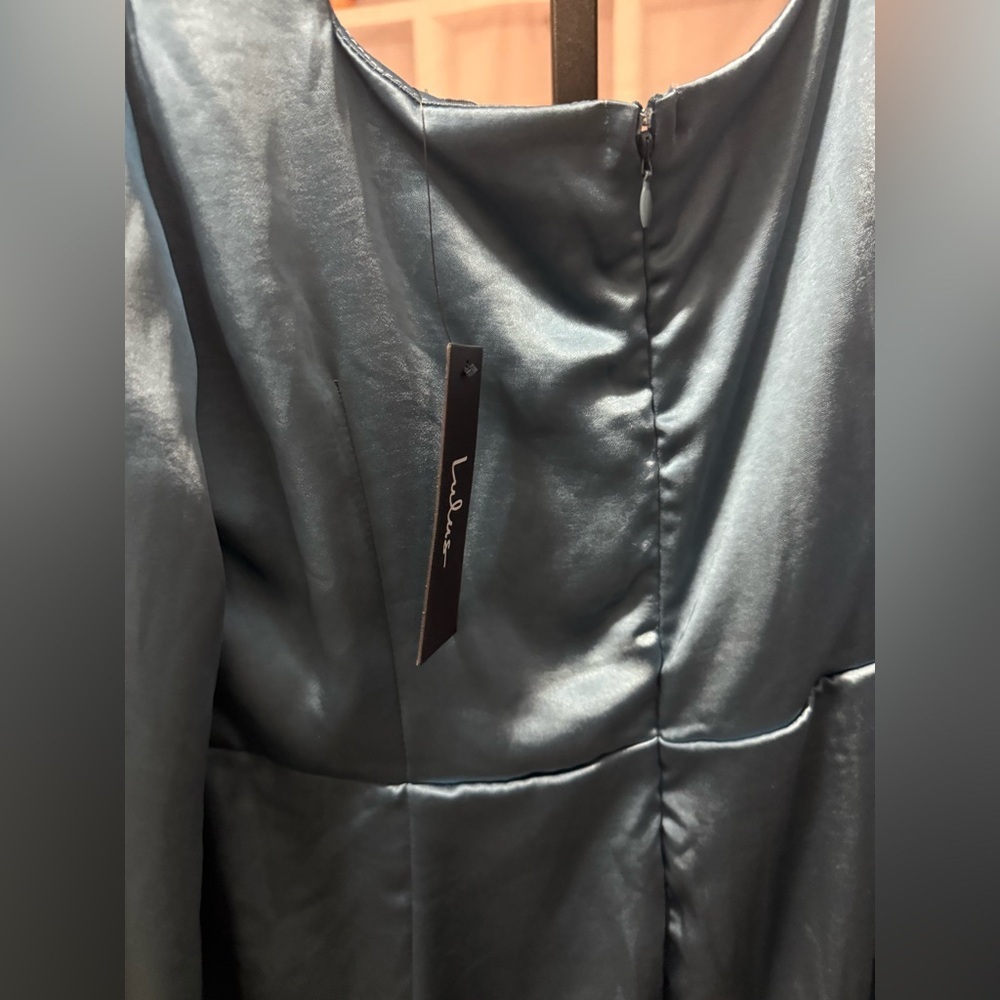 Lulu's Elegant Long Sleeve Satin Dress in Blue - Picture 7 of 10